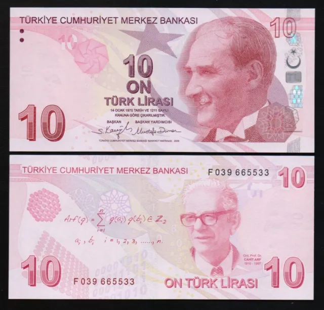 TURKEY: B301f  P#223 10 Turkish Lira 2009 (2022) Prefix F Uncirculated Banknote.