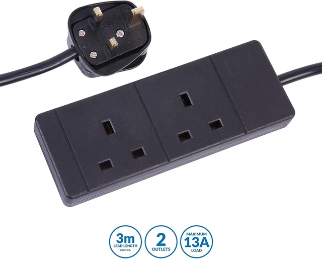 3M EXTENSION LEAD TWIN Socket 2 Gang Way 3 Metre Mains Lead Cable BLACK ...