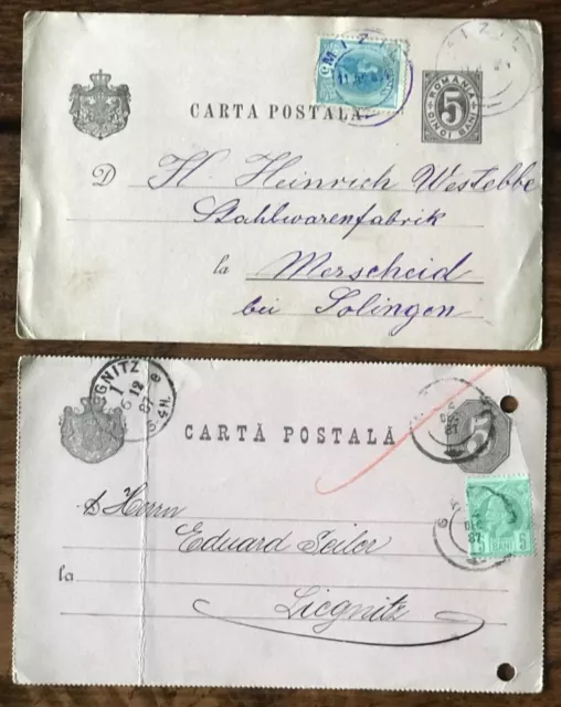 Rumänien, 2 Ganzsachen, 1887, 1894, blauer DK-Stempel MIZIL