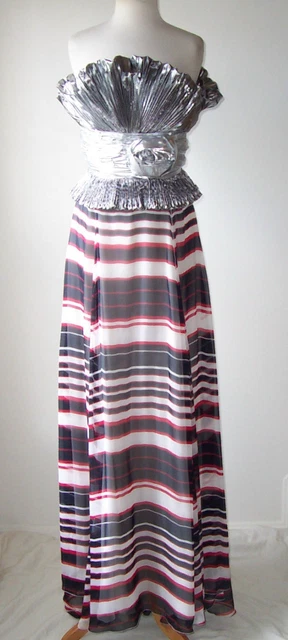 DOLCE & GABBANA D&G Silver Silk Stripe Rosette Bustier Maxi Dress Gown 38 2 DOLCE & GABBANA D&G Silver Silk Stripe Rosette Bustier Maxi Dress Gown 38 2