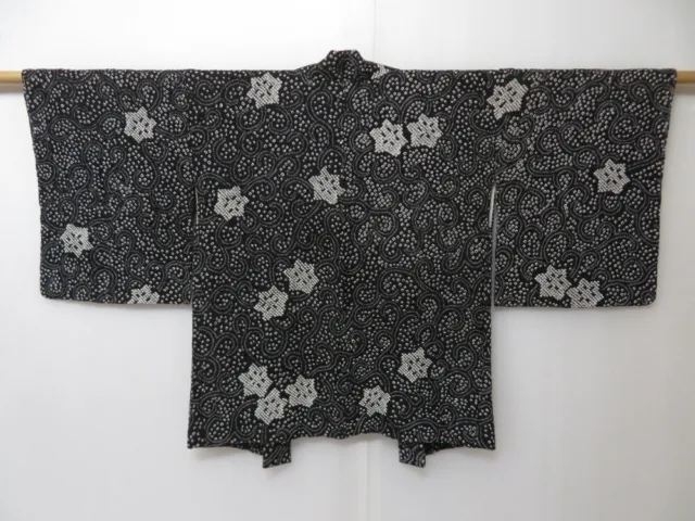2008T10z560 Vintage Japanese Kimono Silk SHIBORI HAORI Flower Black