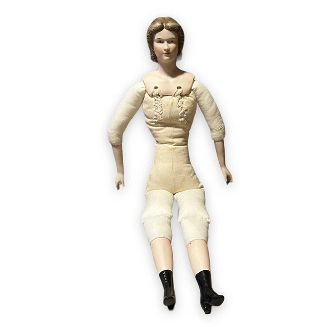 Bisque Porcelain Doll Cloth Soft Body Brown Hair Victorian Vtg Antique 18”