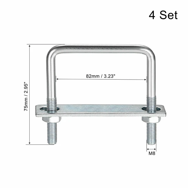 Square U-Bolts 82mm Inner Width Carbon Steel M8 with Nuts, Plate, Washers 4 Set