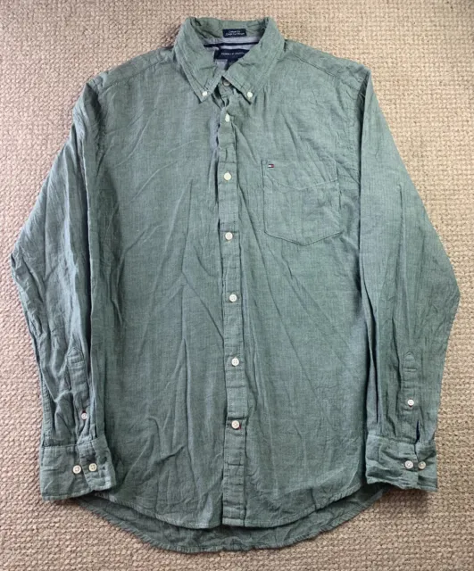 TOMMY HILFIGER Men’s Size L Long Sleeve Shirt Button Down Green Custom Fit Logo