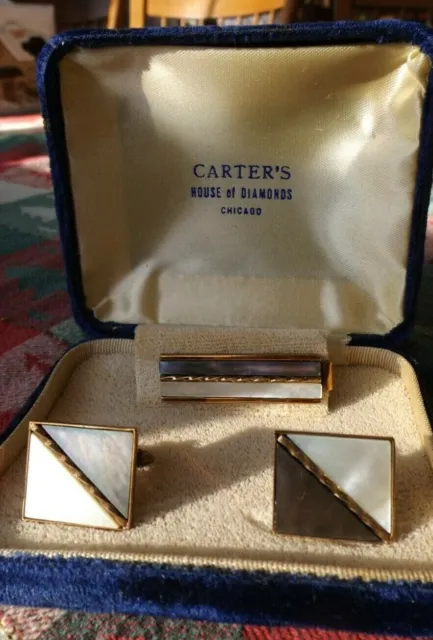 Vintage CARTER'S HOUSE OF DIAMONDS CHICAGO Abalone Tie Bar Cufflinks Pearl