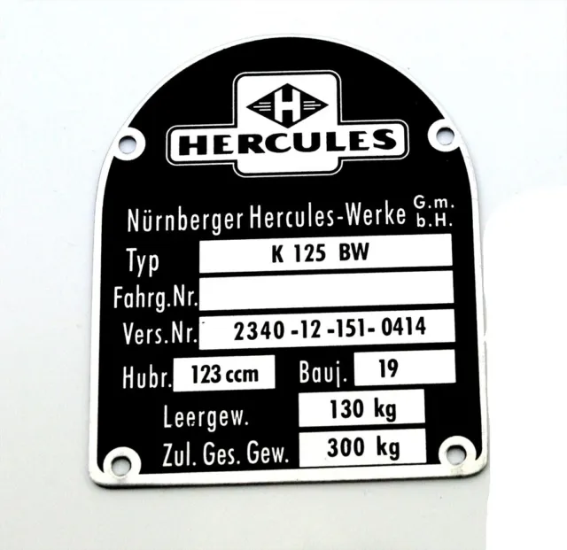 Hercules K 125 BW original Rahmen Typenschild -0414