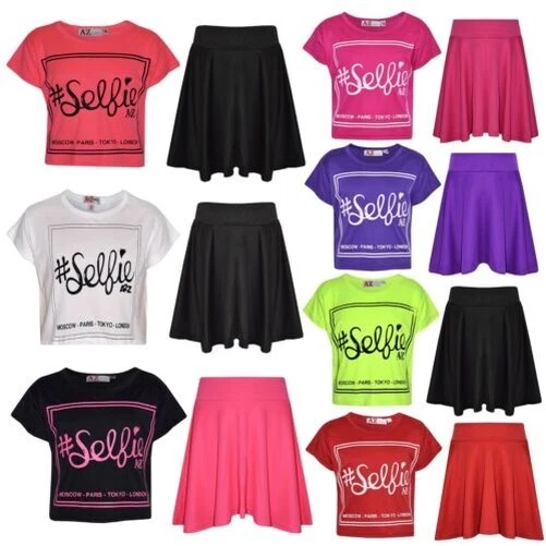 Top Bambina Selfie Stampa Elegante Corto & Skater Gonna Set Età 7-13 Anni