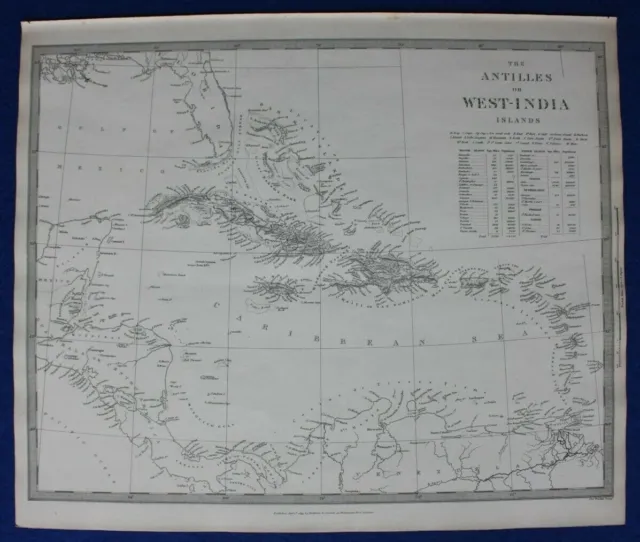 ANTILLES, WEST INDIES, CUBA, JAMAICA, HISPANIOLA, original antique map SDUK 1844