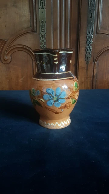Ancien Tres Beau Pichet Terre Cuite  Vernissee Decor Fleurs Bleu