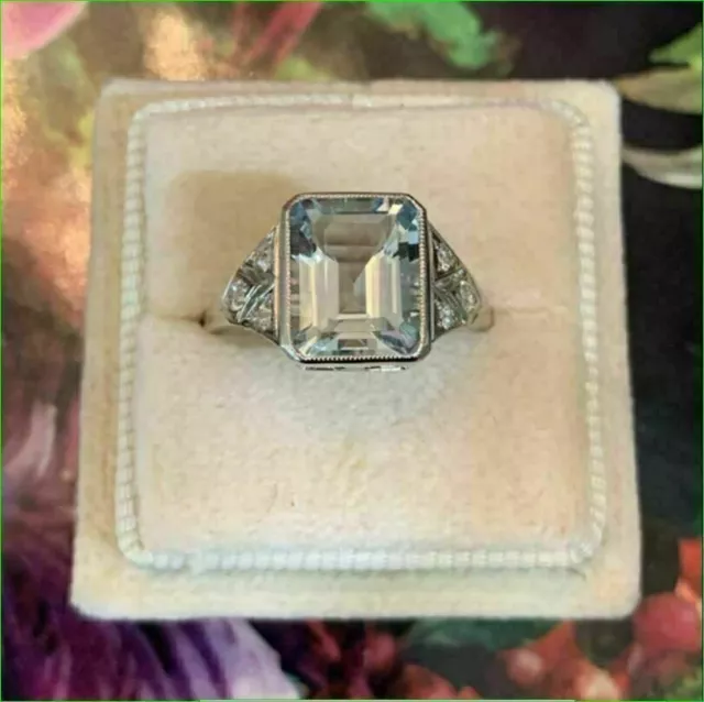 2.50 Ct Emerald Cut Simulated Aquamarine Engagement  Ring 14k  White Gold Finish