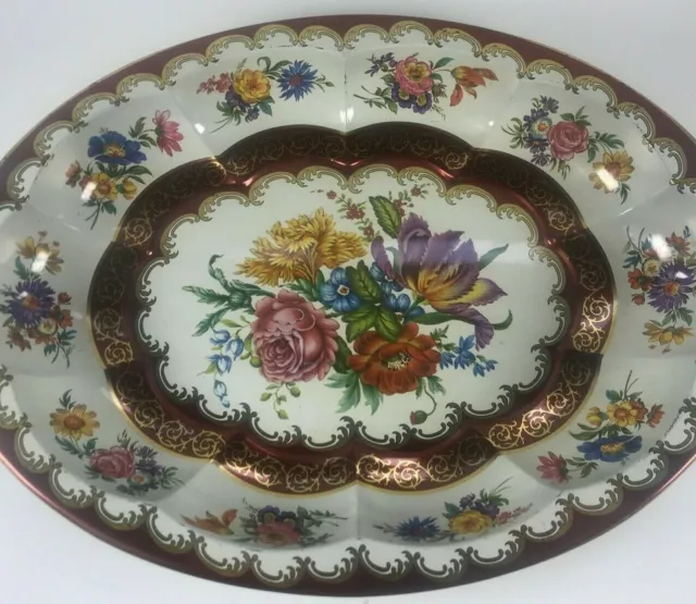 Daher Metal Ware Platter Tray Serving Bowl Floral Decorated Tin Scalloped VTG