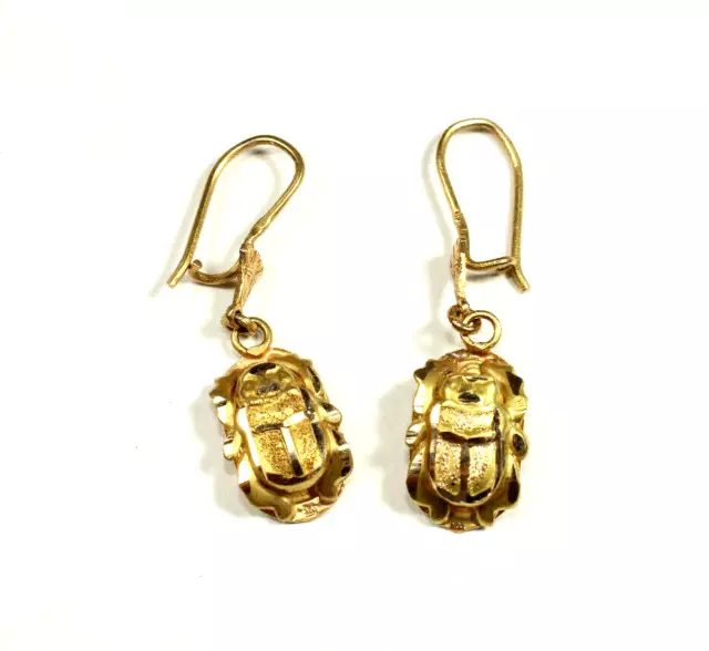 Egyptian Scarab Gold 18K Earing DOUBLE SIDE Stamped Pharaonic Yellow Gold 3.8 Gr