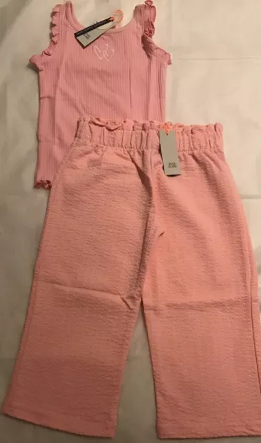 Set pantaloni gambe larghe River Island mini bambina età 2-3 anni rosa testurizzati nuovi con etichette