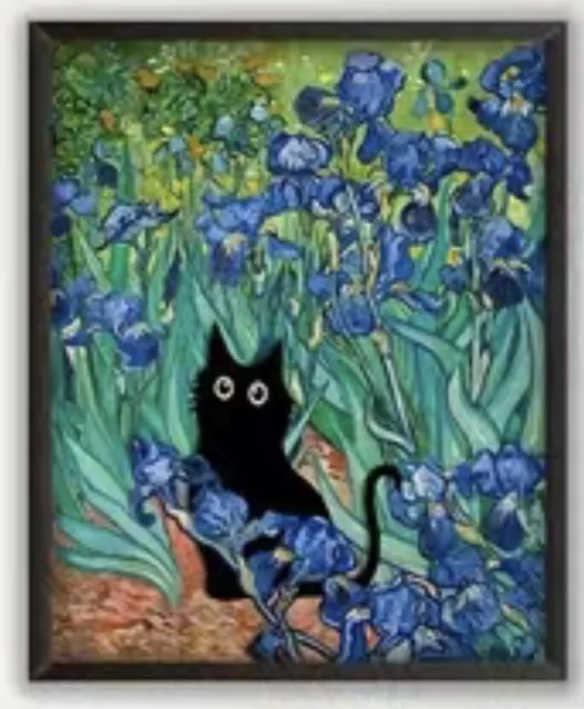 🐈‍⬛ Van Gogh's Blue Irises Canvas Wall Art. Funny Black Cat.   Must L@@k❤️