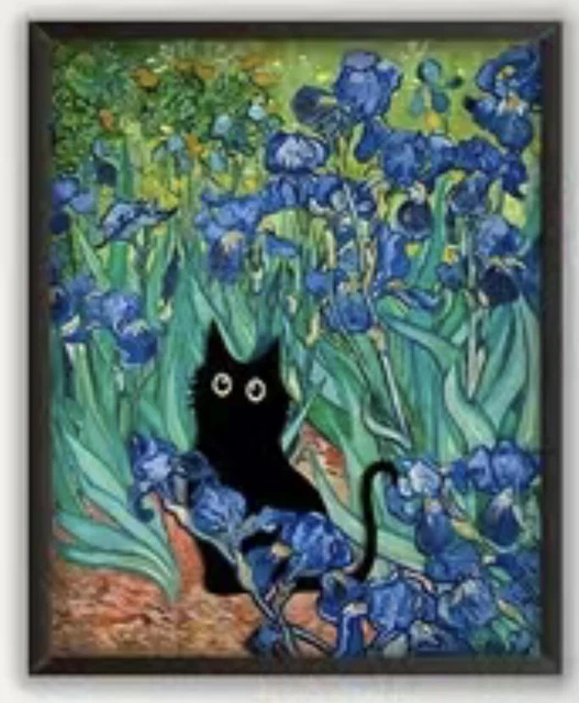 🐈‍⬛ Van Gogh's Blue Irises Canvas Wall Art. Funny Black Cat.   Must L@@k❤️