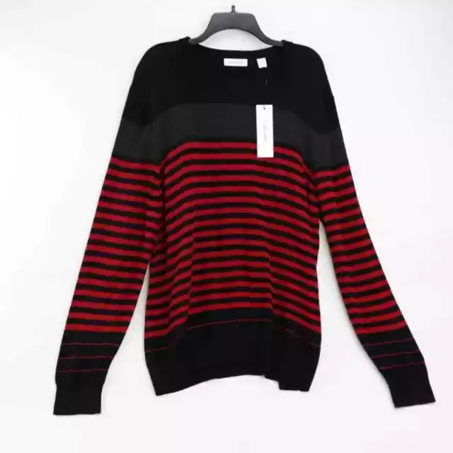 CALVIN KLEIN MENS Pullover Sweater Red Black Crew Neck Stripe Long ...
