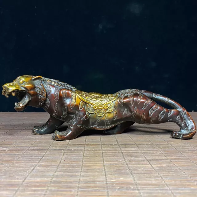 Chinese old copper gilt handmade money tiger exquisite statue 3