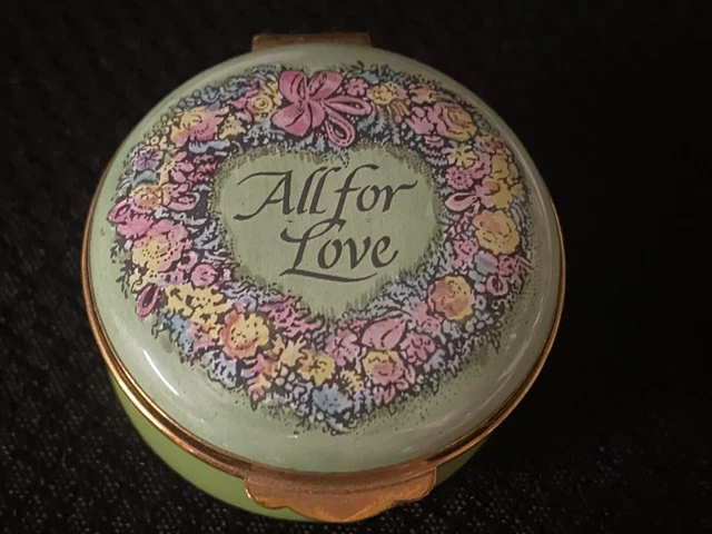 Crummles Enamel Trinket Box "ALL FOR LOVE" ~ 1 3/4" ~ Round