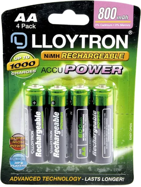 LLOYTRON AA Rechargeable Batteries HR06 NiMH 800mAh 1.2V Phone Camera Pack of 4