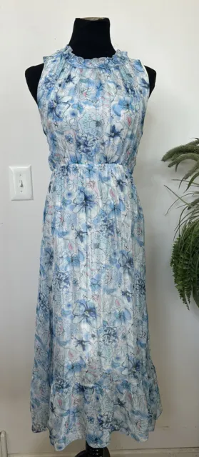 NWT Le Ragazze Tiered blue Floral Airy Silk Blend Sleeveless Maxi Dress Sz L