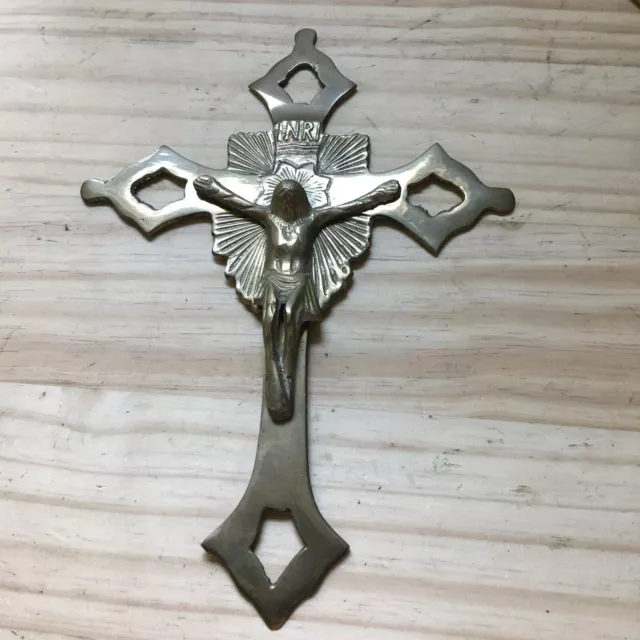 Vintage 1950s Cast Brass Crucifix Cross Wall Hanging Jesus Cross 10.5"H x7.5"W