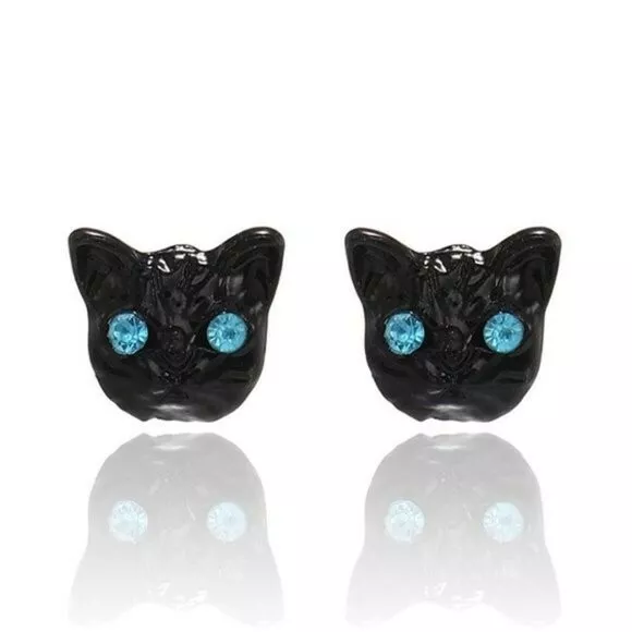 Womens Mini Black Cat Blue Eye Spooky Halloween Stud Earrings