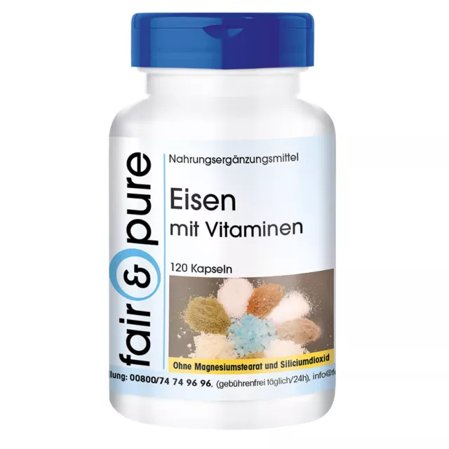 Eisen mit Vitaminen - 120 Kapseln mit Vitamin B12 + C + Biotin | fair & pure