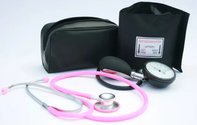 Black Aneroid Blood Pressure Monitor - Sphygmomanometer & Pink Stethoscope