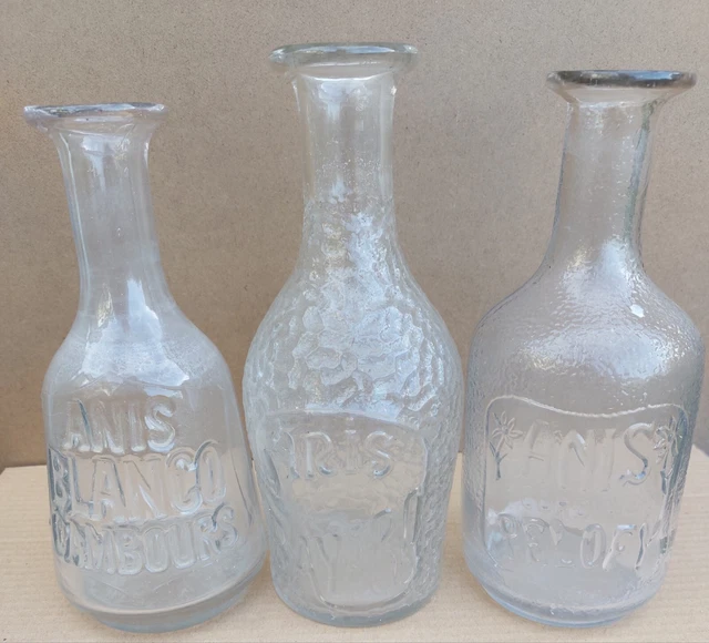 3 Antique Carafes Advertising Bistro Glass Breath Anise Pastis Ricard 1930