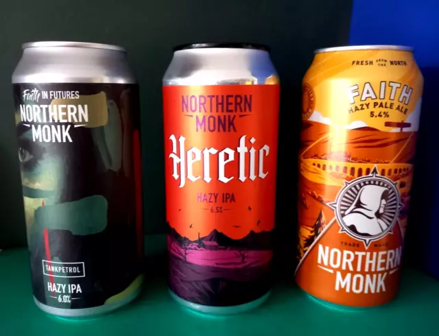 SET x 3 EMPTY 440ml ENGLISH BEER CANS NORTHERN MONK BREWERY LEEDS HERETIC, FAITH