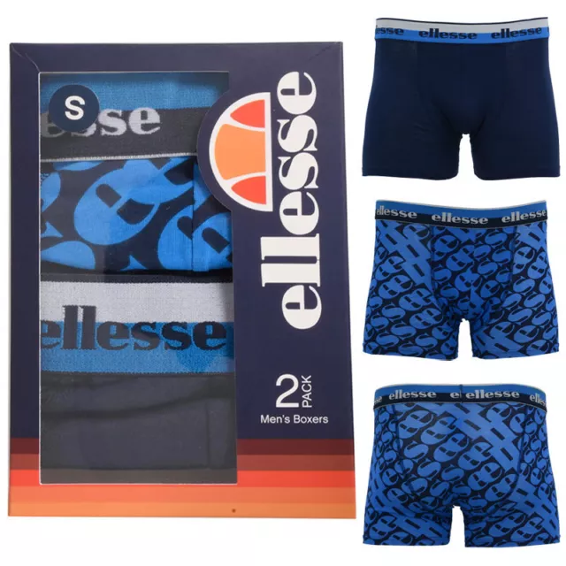 Ellesse Mens Boxers Trunks Shorts 2 Pack Navy Blue Stretch Soft Cotton Underwear