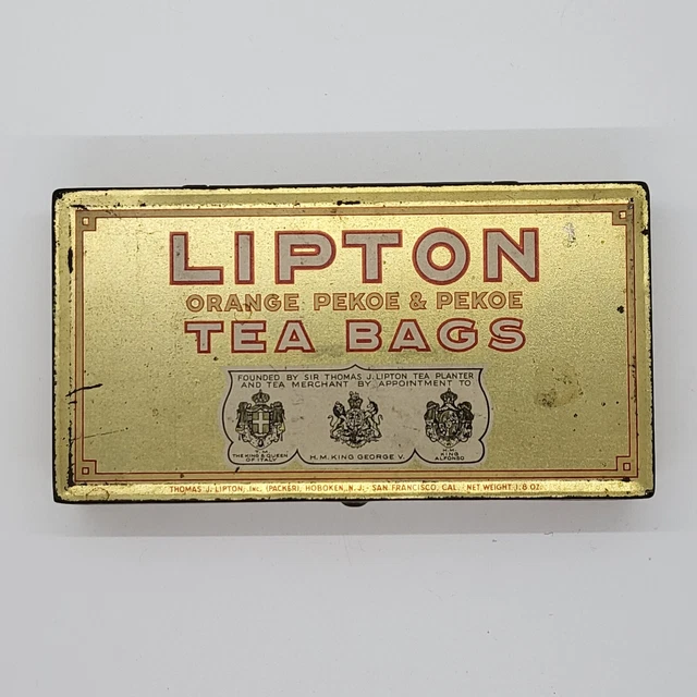 Vintage 1920s Lipton Tea Bags Tin Orange Pekoe & Pekoe 6" x 3"x 1-14"