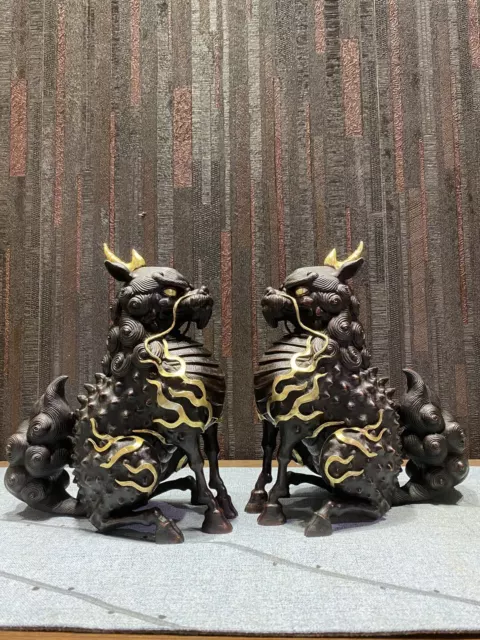 11" China Bronze 24K Gold Evil Door beast Foo Dog kylin Lion animal Statue Pair