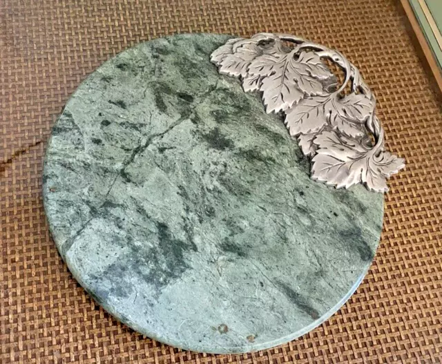 Vintage Green Marble Cutting Cheese Serving Tray Board Pewter Grape Leaf Leaves