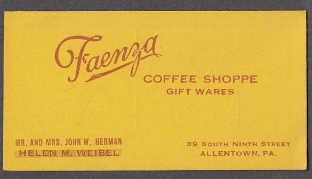 Faenza Coffee Shoppe Gift Wares Allentown PA folding card Mr Mrs John W Herman