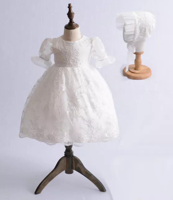 Baby Lace Christening Gown Party Dress and Bonnet 0 3 6 12 18 24 Months