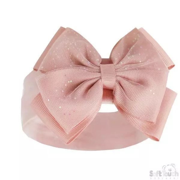 Baby Girl Headband Sparkle Glitter Bow Spanish Style Pink or White by Soft Touch