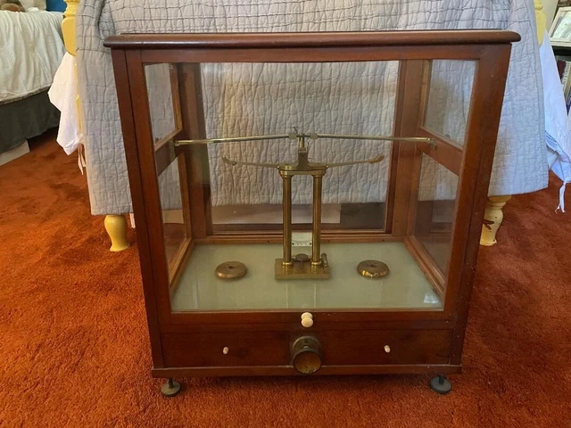 Antique Balance Precious Metal Scale & Weight Set In Glass Case Local Pick Up