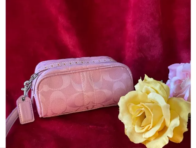 Lilac/pink Coach Wristlet/mini Make Up Bag Pink Leather And Canvas With Silver