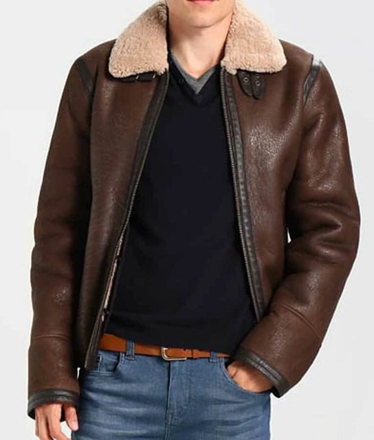 B3 Bomber Dark Brown Mens Aviator Shearling Sheepskin Leather Jacket