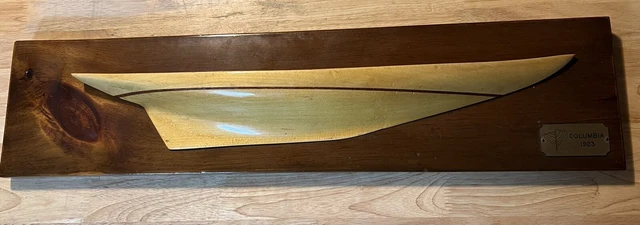 Hand Carved Sailboat Half Hull Model on Plaque, “1925 COLUMBIA” Signed On Back