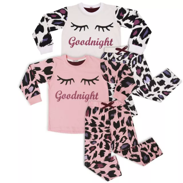 Kids Leopard Girls Boys Goodnight Pyjamas Pack Of 2 PJs Sleepwear Loungewear Set