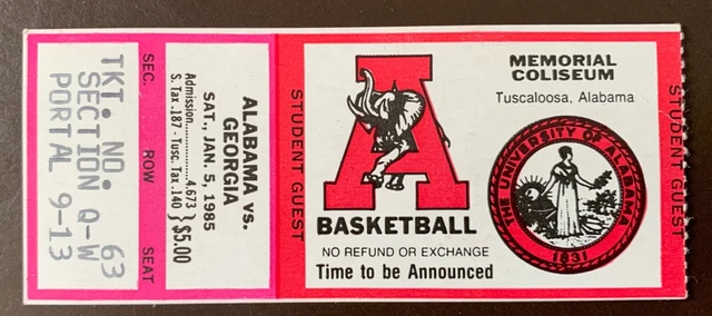 Alabama Crimson Tide 1/5/1985 ORIGINAL basketball ticket vs Georgia Bulldogs