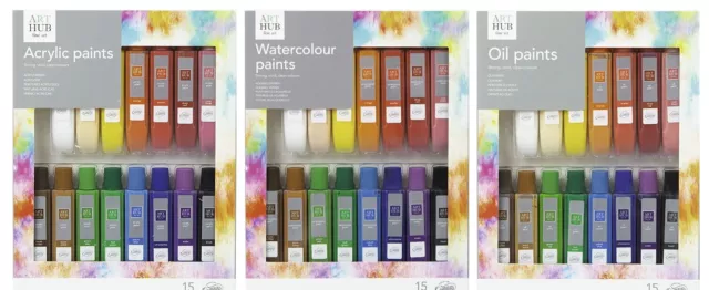 Art Hub Artist Paint 15 Vibrant Colours Watercolour, Oil Or Acrylic School Set