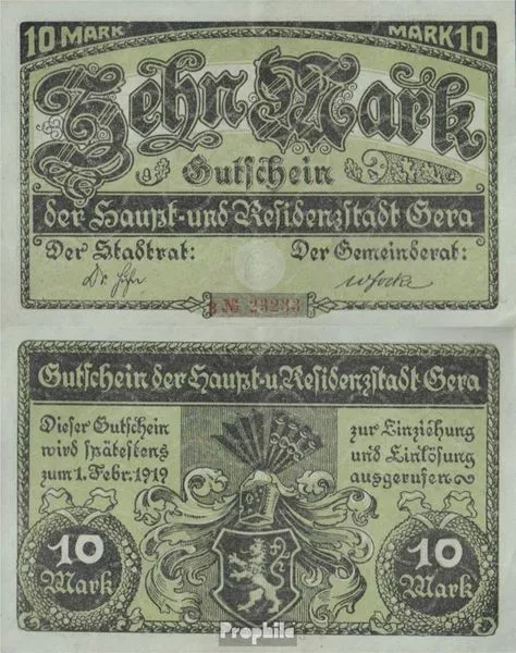 Banknoten Gera 1919 Gutschein der Stadt Gera gebraucht (III)