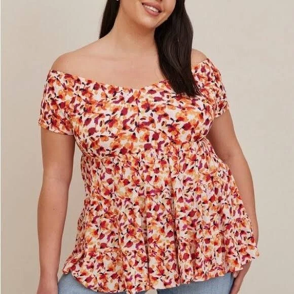 Torrid Babydoll Floral Crinkle Gauze Smocked Back Puff Sleeve Top Size 2