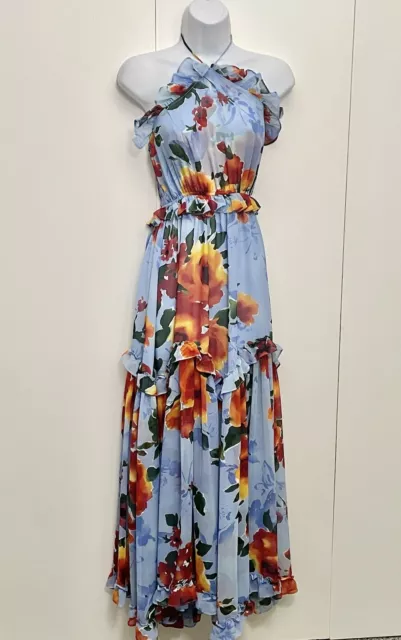 MISA Los Angeles Dallin Tiered Halter Maxi Dress Women’s Size S Blue Floral