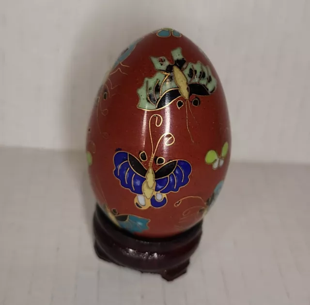 Butterfly Maroon Red Cloisonne Enamel Decorative Egg with Wood Stand