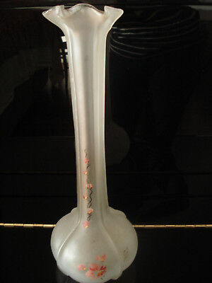 Vase boule ancien Art Nouveau long col rétréci verre givré/ pâte de verre fleurs