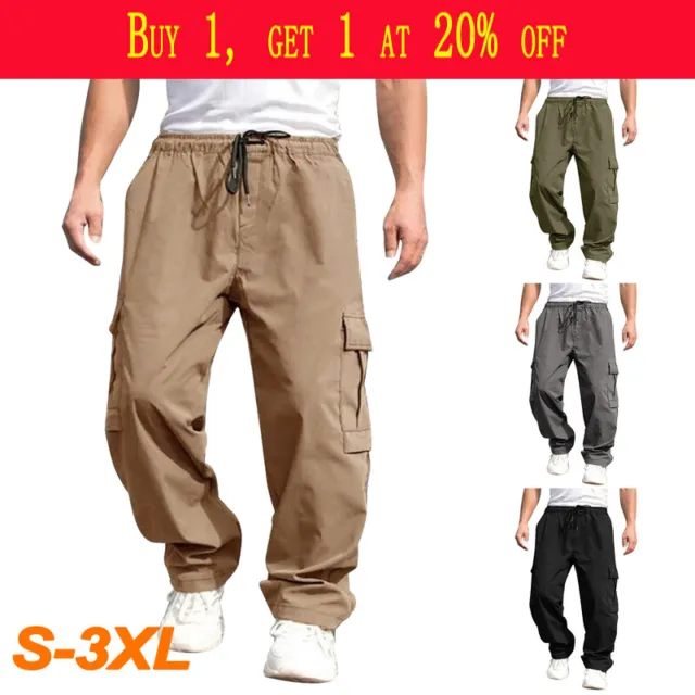 Mens Casual Trousers Combat Cargo Pants Wide Leg Elasticated Waist Joggers Work